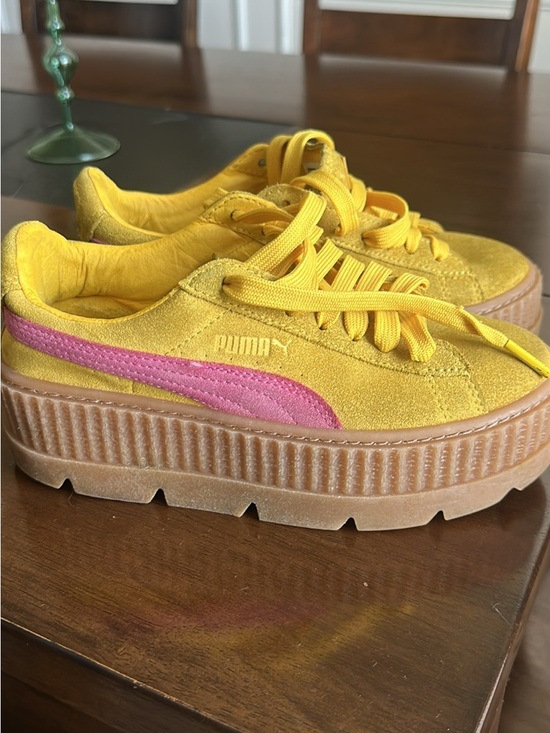 Puma Shoes - PUMA Yellow Suede Platform Sneakers with Pink Stripe